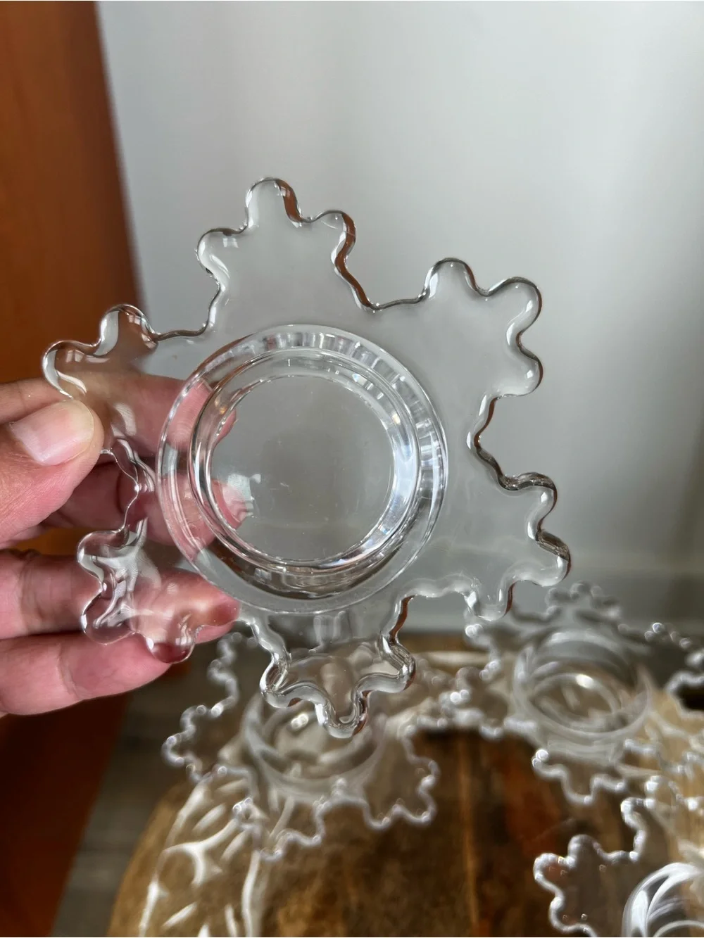 Crate & Barrel lot of 4 Clear Glass Snowflake Candle Holder Centerpiece